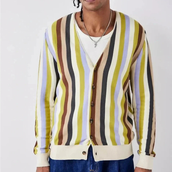Checks Men’s Downtown Multi Stripe Button Down Cardigan Medium M Grandpa Retro - Picture 1 of 12